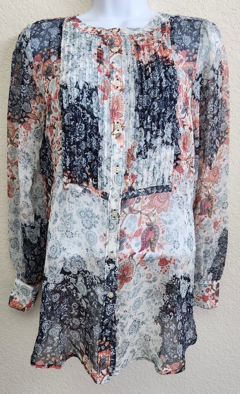 Loft Blue Pink Floral Pleated Bodice Button Up Top XS Lightweight Sheer Soft